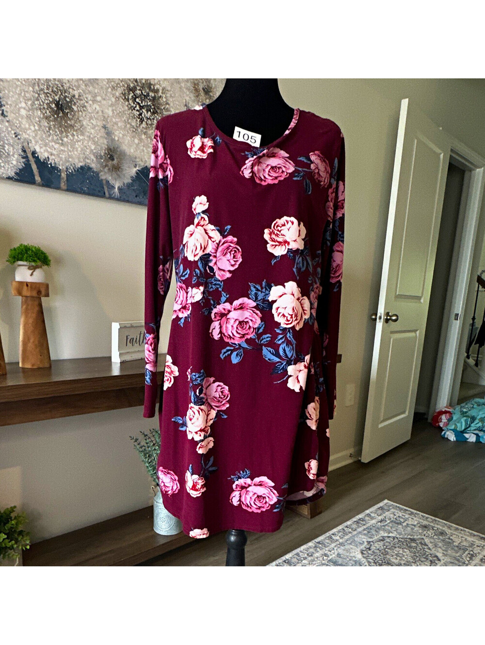 No Boundaries Burgundy Floral Knit Shift Dress Long Sleeve Scoop Neck XXL (19)